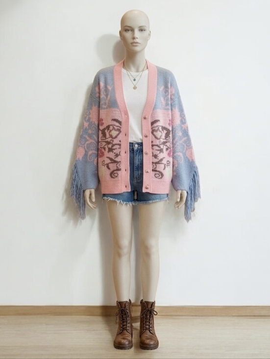 Nasty Gal Sweaters - Nasty Gal Floral Fringe Knit Cardigan Pink Oversized Drop Sleeve  NWT PTP 24"